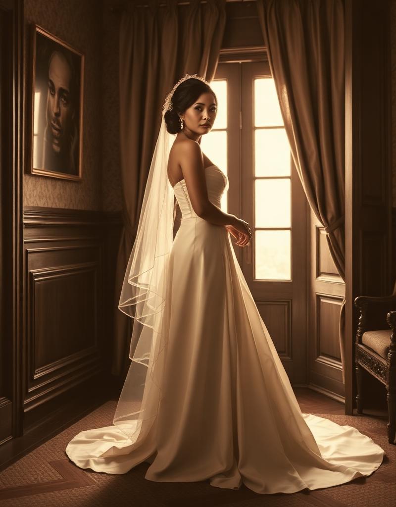 Pilar in her ivory wedding gown beside an antique window