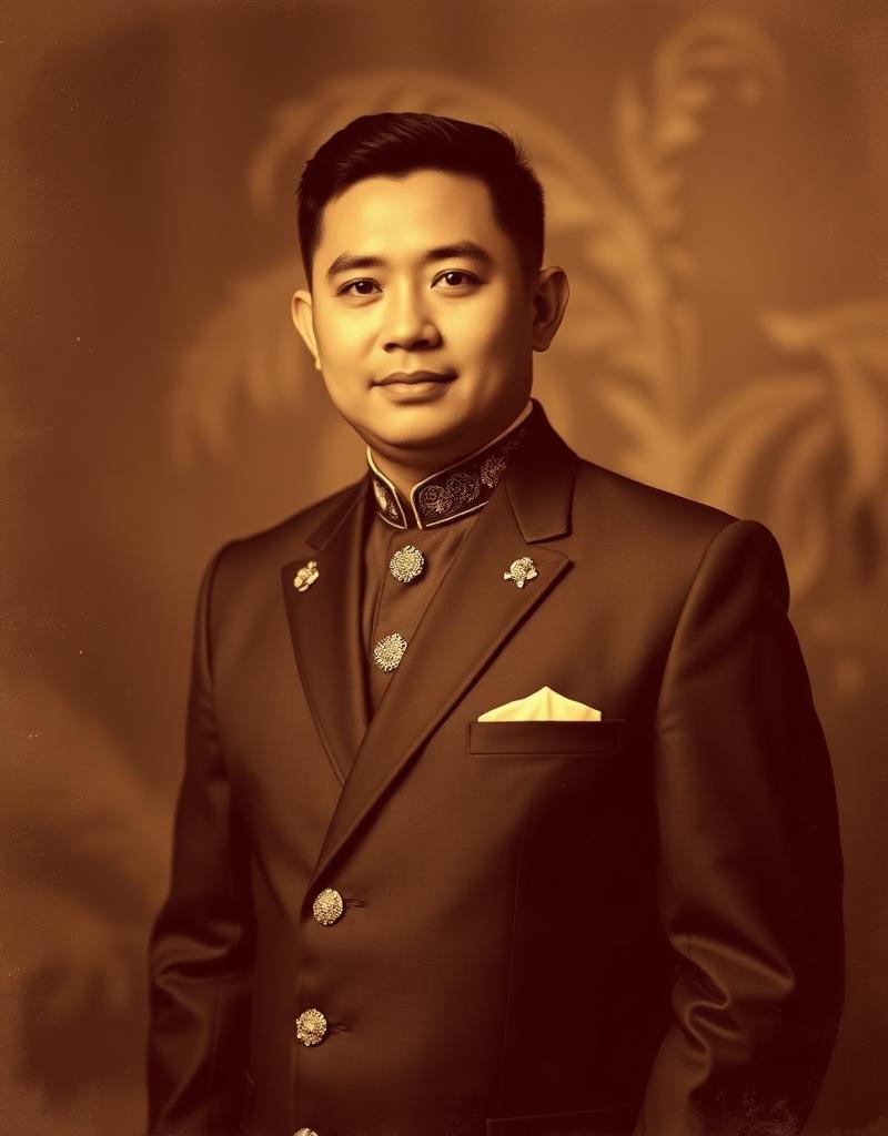 Eduardo in an embroidered Barong Tagalog standing in a heritage hall