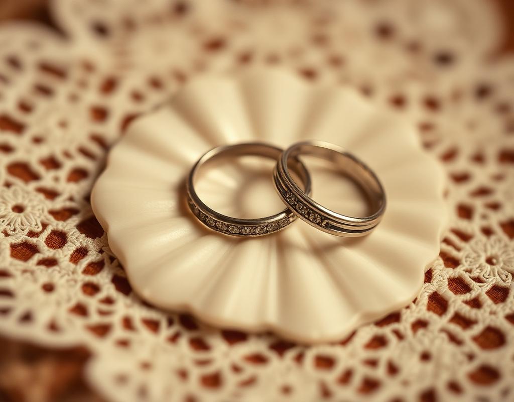 Close up of heirloom wedding rings resting on antique lace