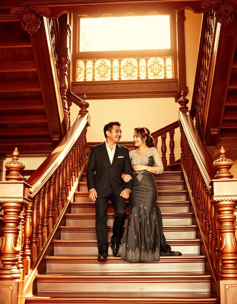 The couple descending a grand wooden staircase