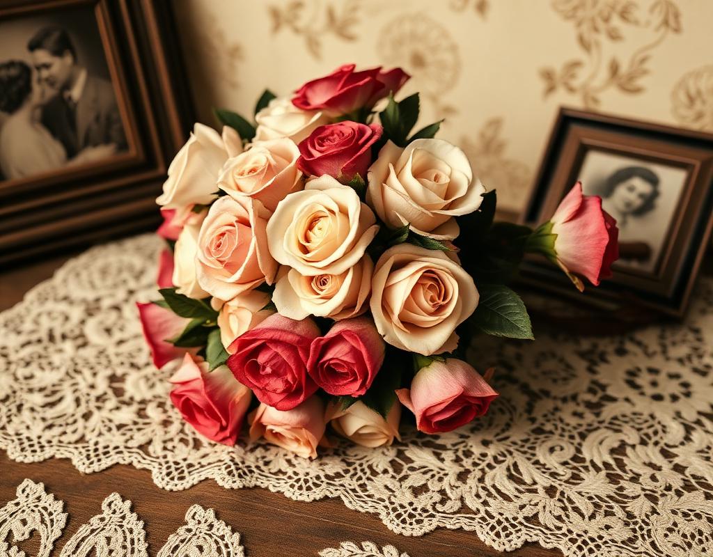Bridal bouquet of muted blooms beside framed family photographs