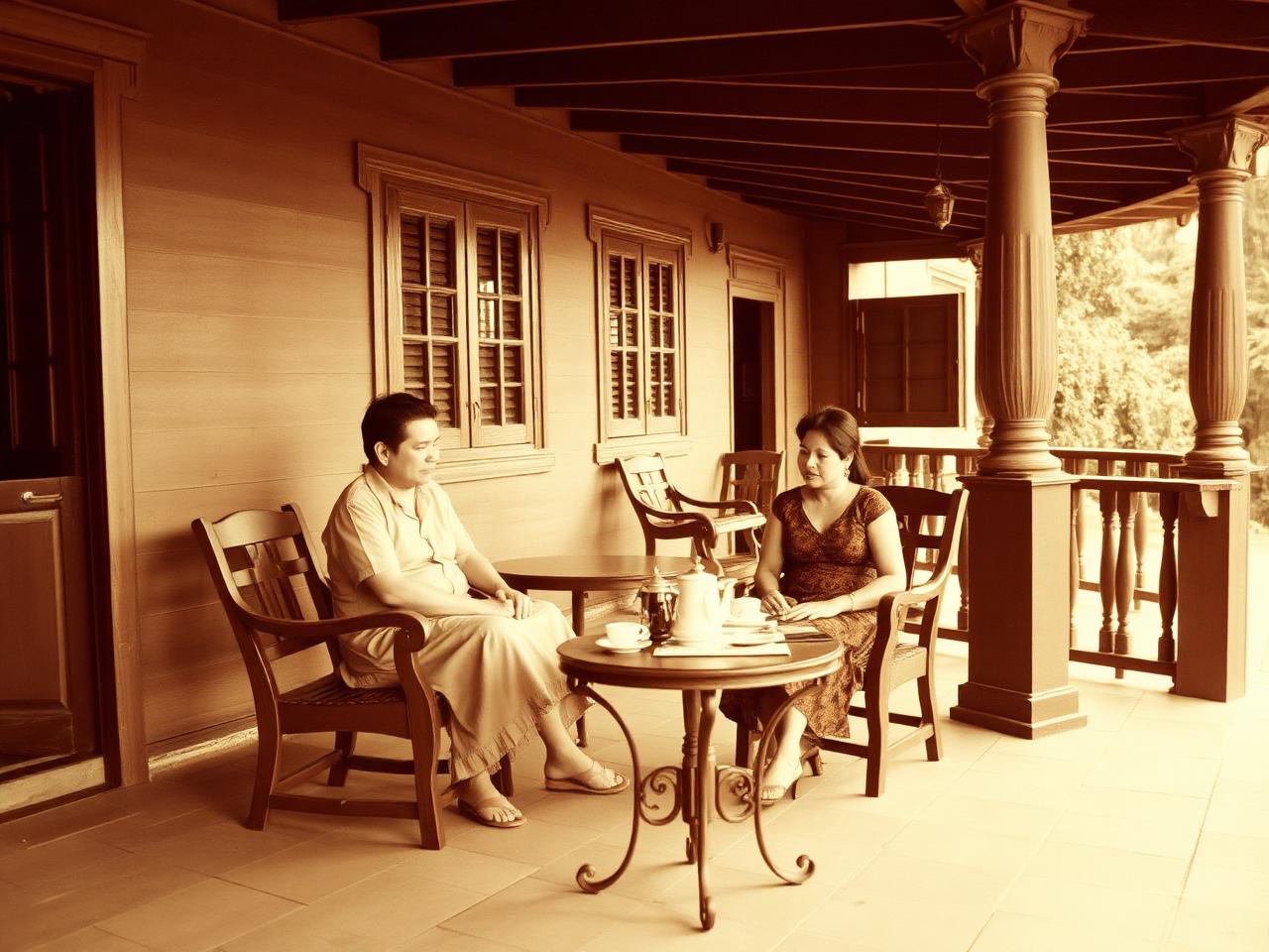 Eduardo and Pilar on the veranda of an ancestral house